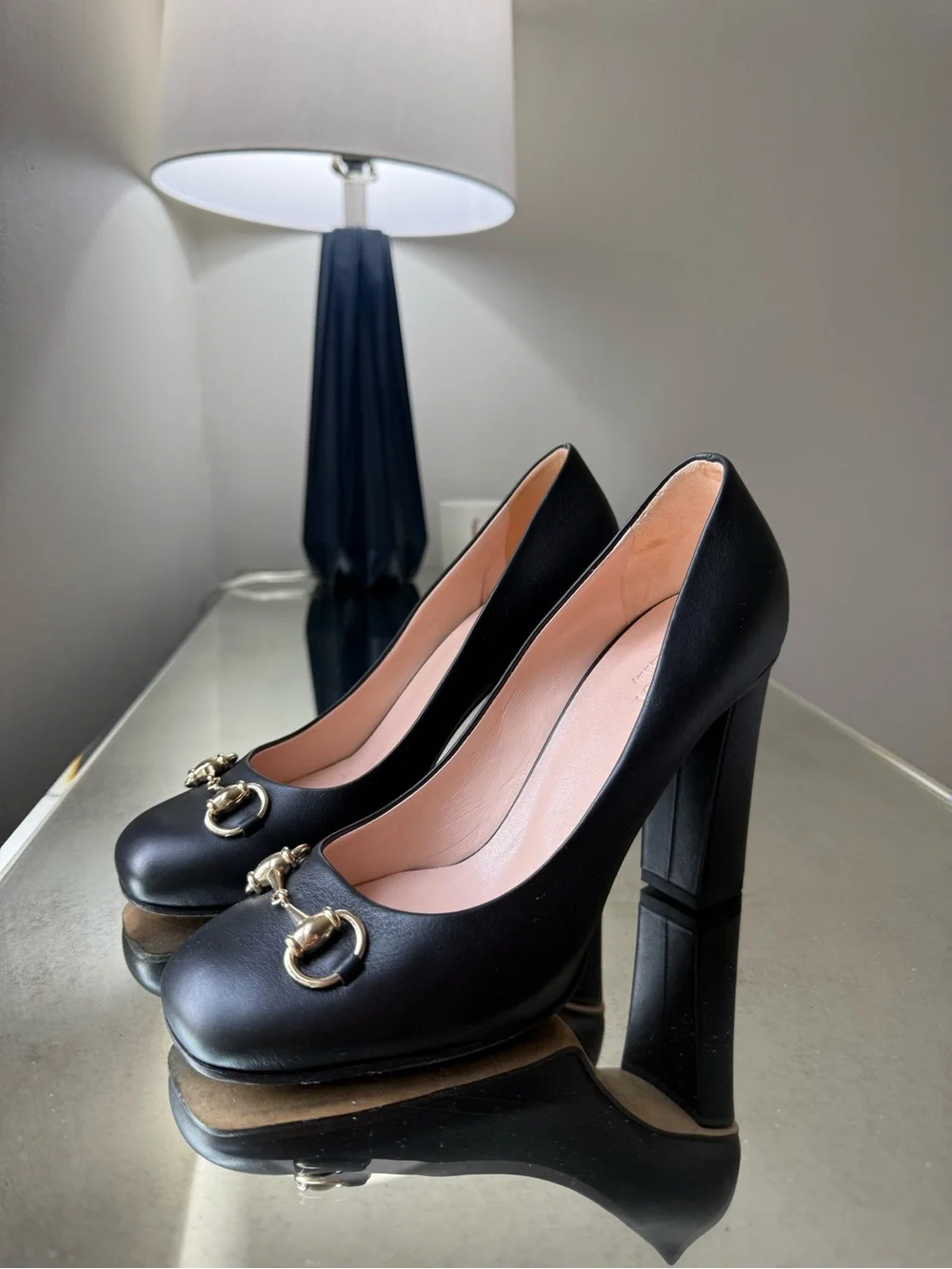 Gucci Black Leather Block Heel Pumps with Gold Horsebit , Size 7.5 ( 38) - Picture 8 of 9